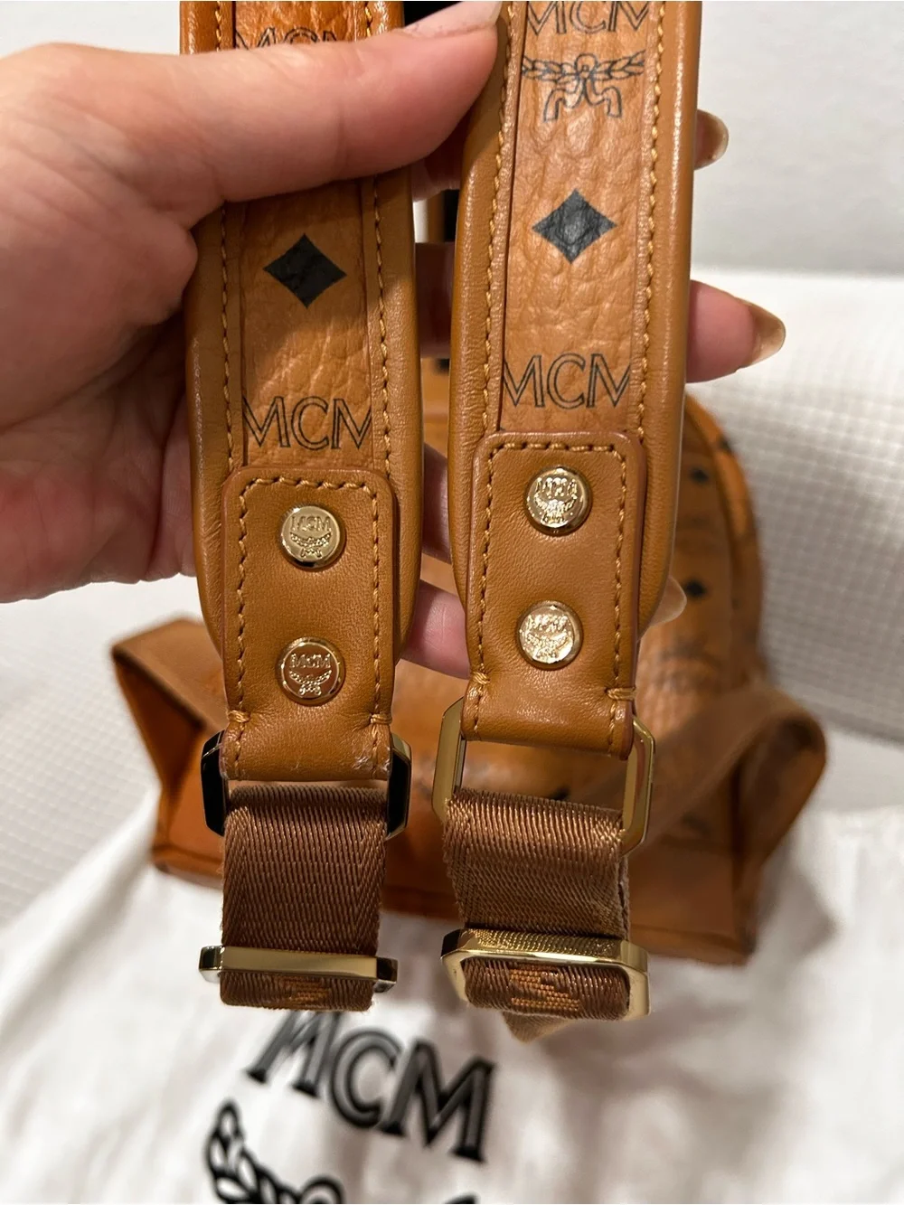 Authentic MCM Cognac Logo Gold Studded Mini Backpack Visetos